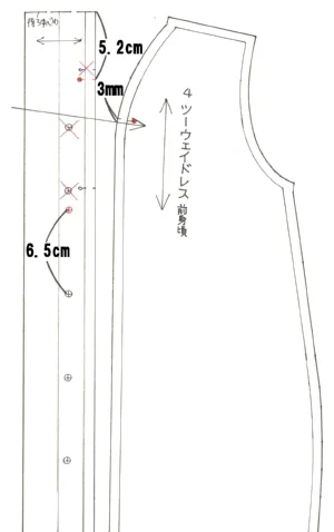 ツーウェイドレス縁布のボタン位置訂正図